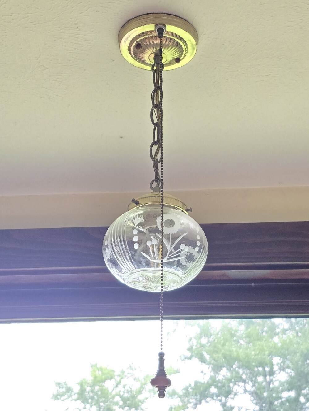 Vintage Glass Pendant Light - Clear Etched Glass with Brass Tone Canopy